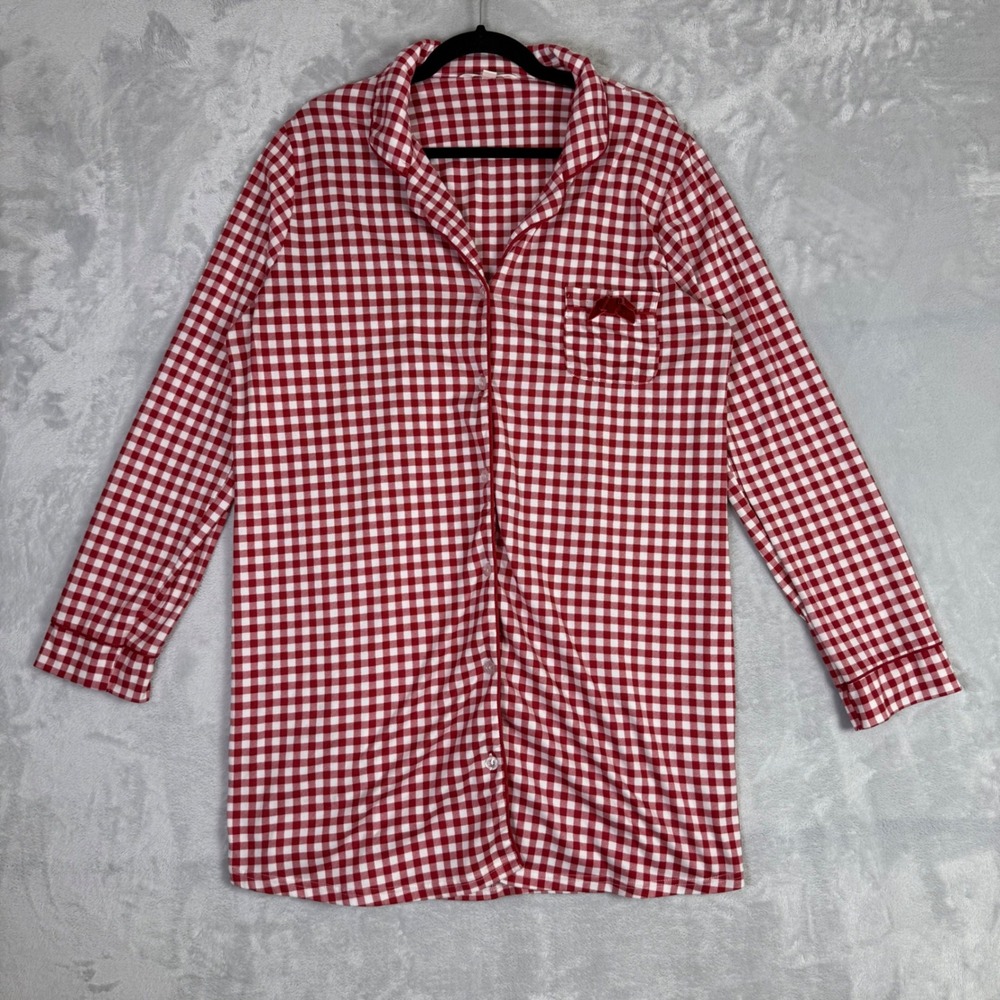 Laura Ashley Nightshirt Women XL Red Gingham Plaid Button Front Long Sleeve